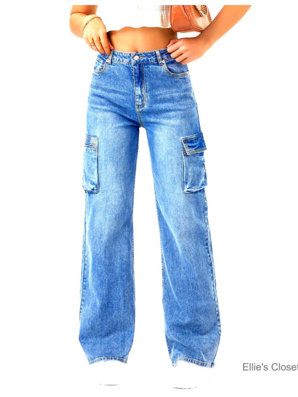High Waisted Cargo Jeans with 6 Pockets Wide Leg Cotton Denim
